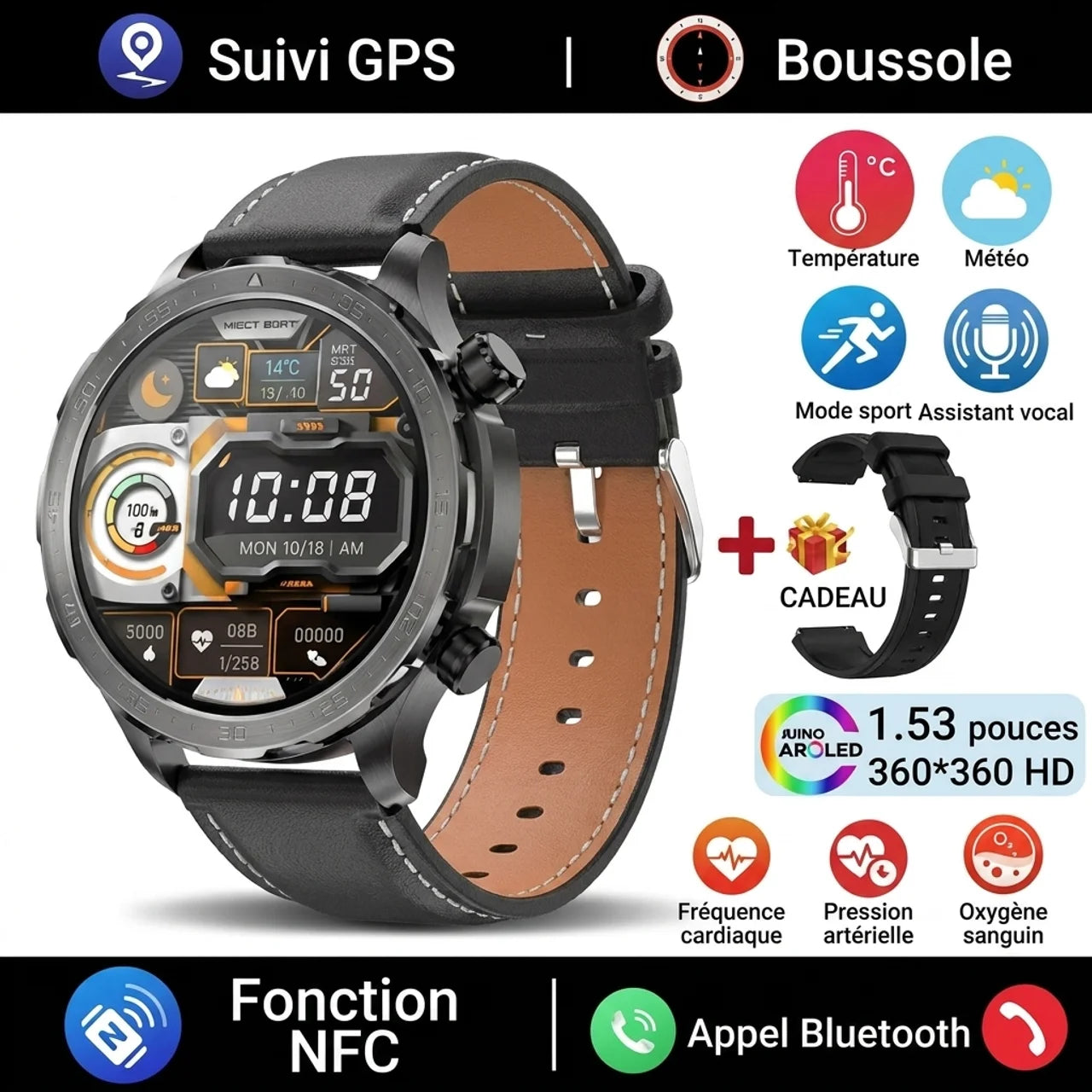 Montre NFC Connectée Homme GPS et Boussole Smartwatch Sport Écran Baromètre d'Altitude