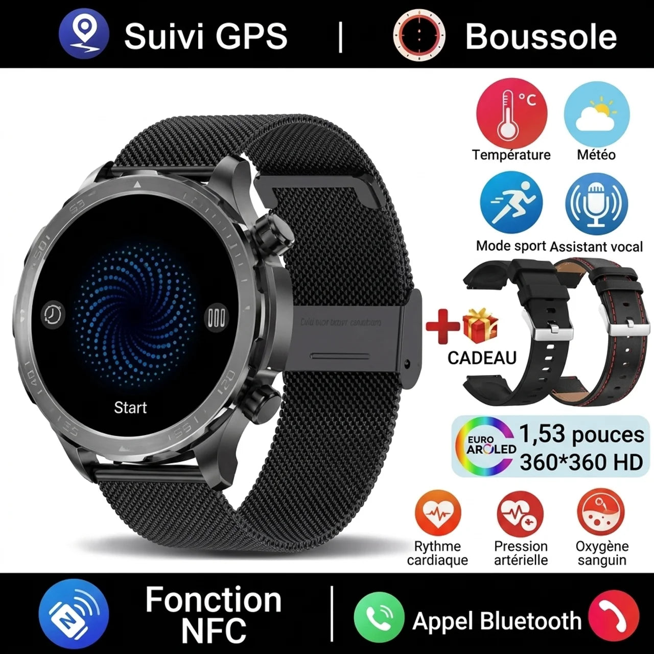 Montre NFC Connectée Homme GPS et Boussole Smartwatch Sport Écran Baromètre d'Altitude
