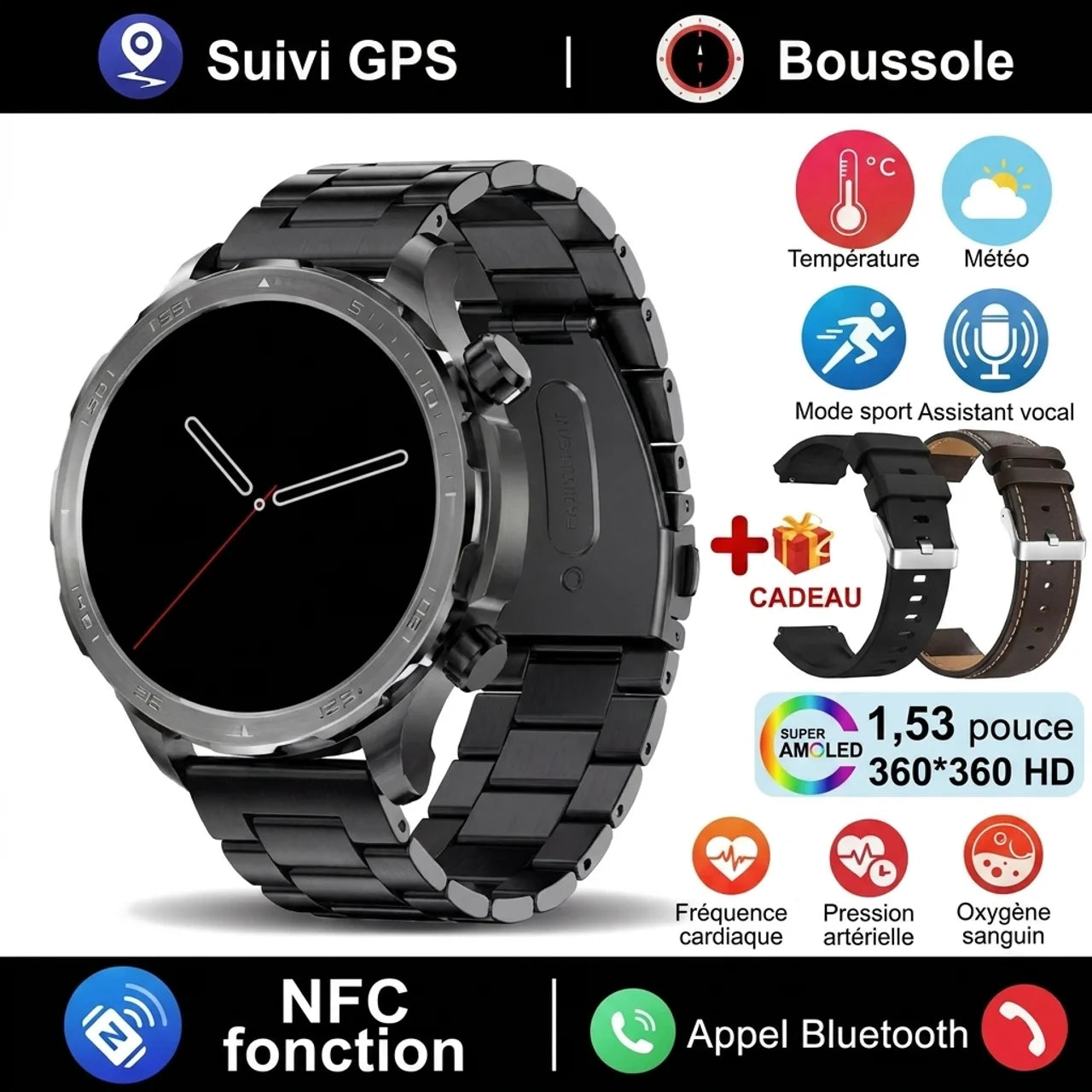 Montre NFC Connectée Homme GPS et Boussole Smartwatch Sport Écran Baromètre d'Altitude