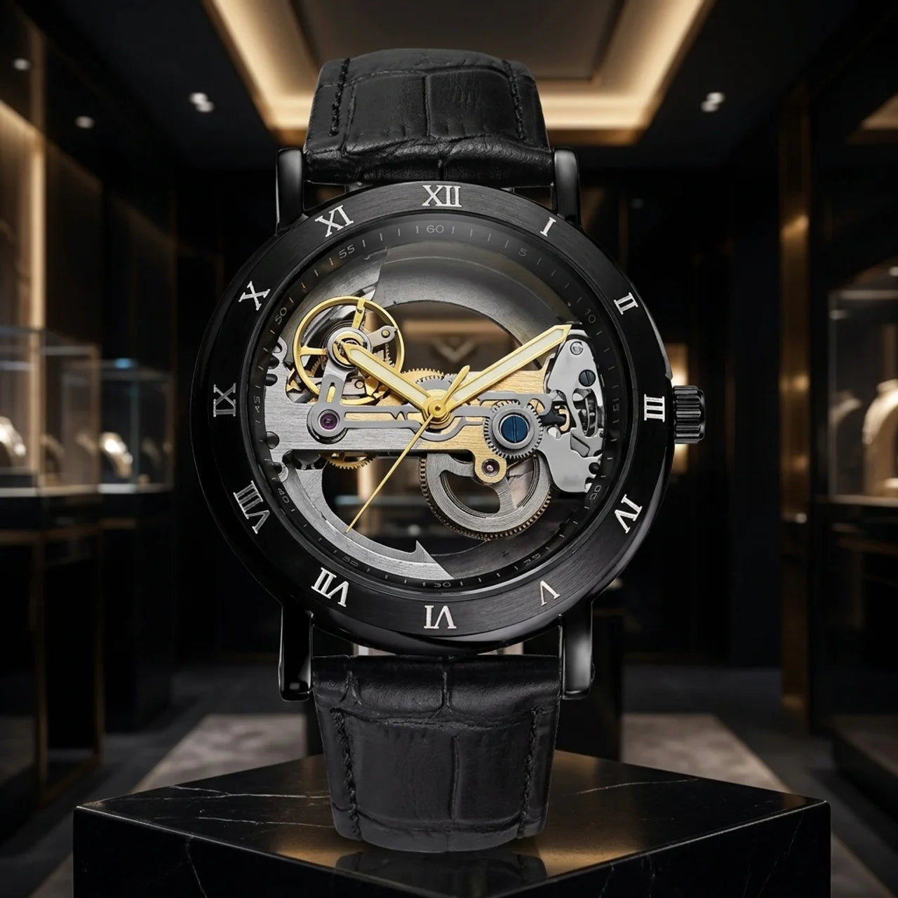 Montre Mécanique Squelette Homme Mouvement Apparent & Bracelet Élégant