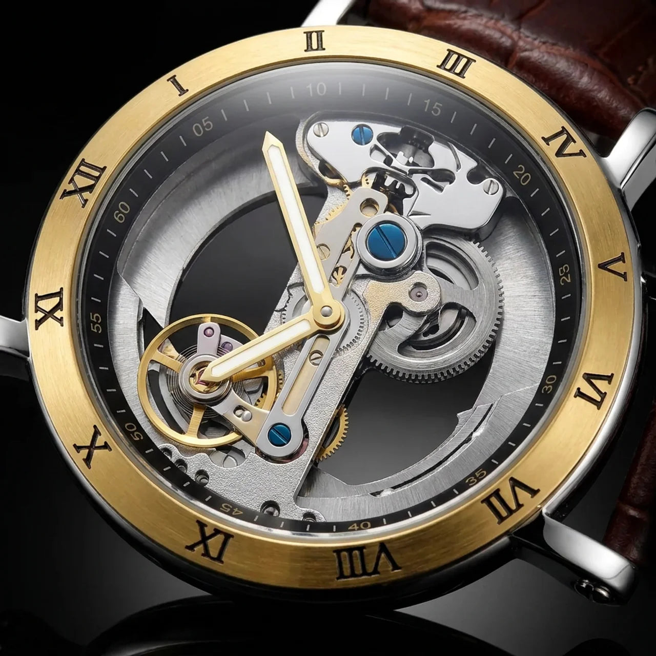 Montre Mécanique Squelette Homme Mouvement Apparent & Bracelet Élégant