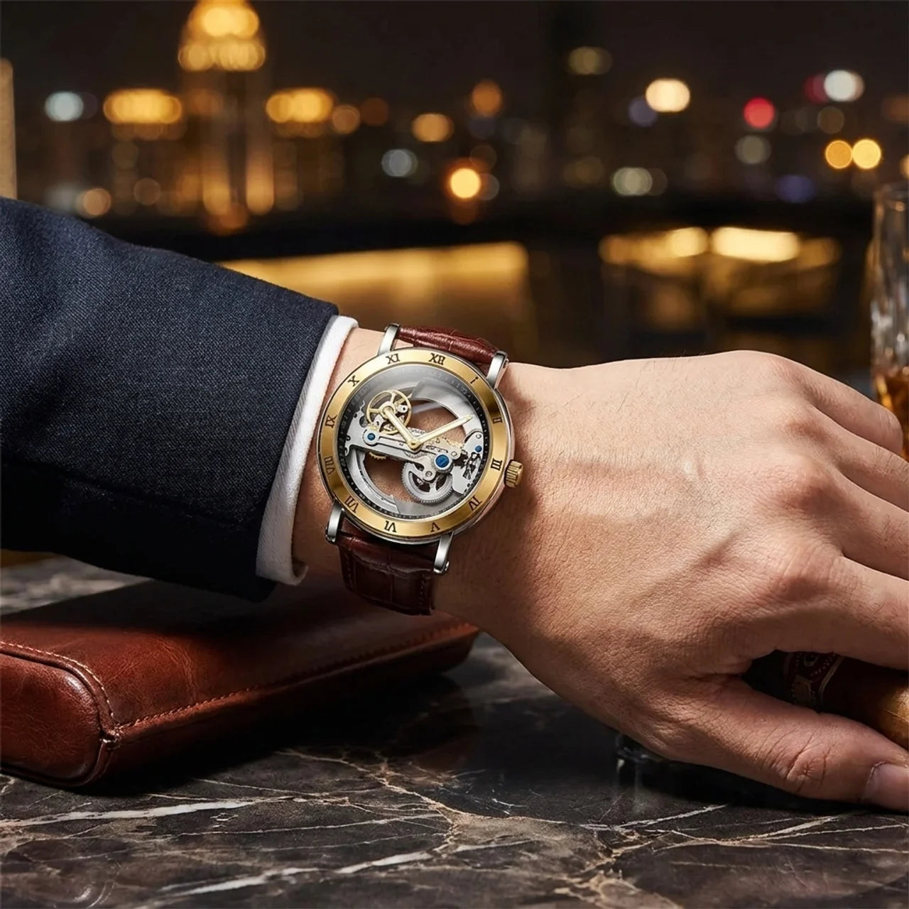 Montre Mécanique Squelette Homme Mouvement Apparent & Bracelet Élégant