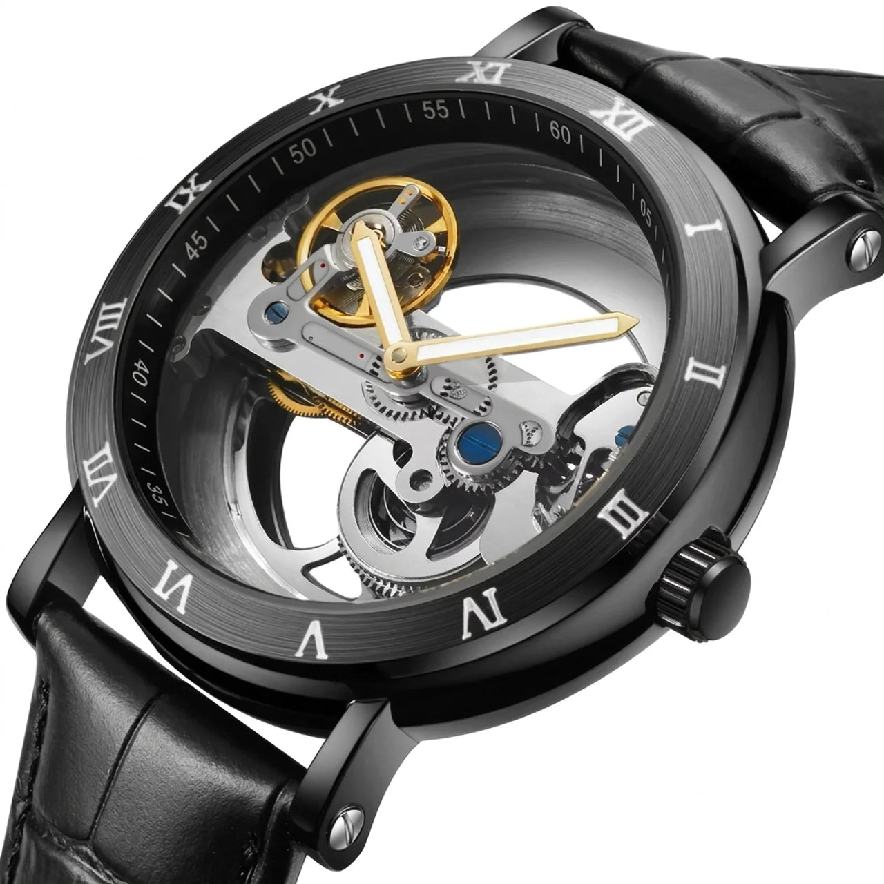 Montre Mécanique Squelette Homme Mouvement Apparent & Bracelet Élégant