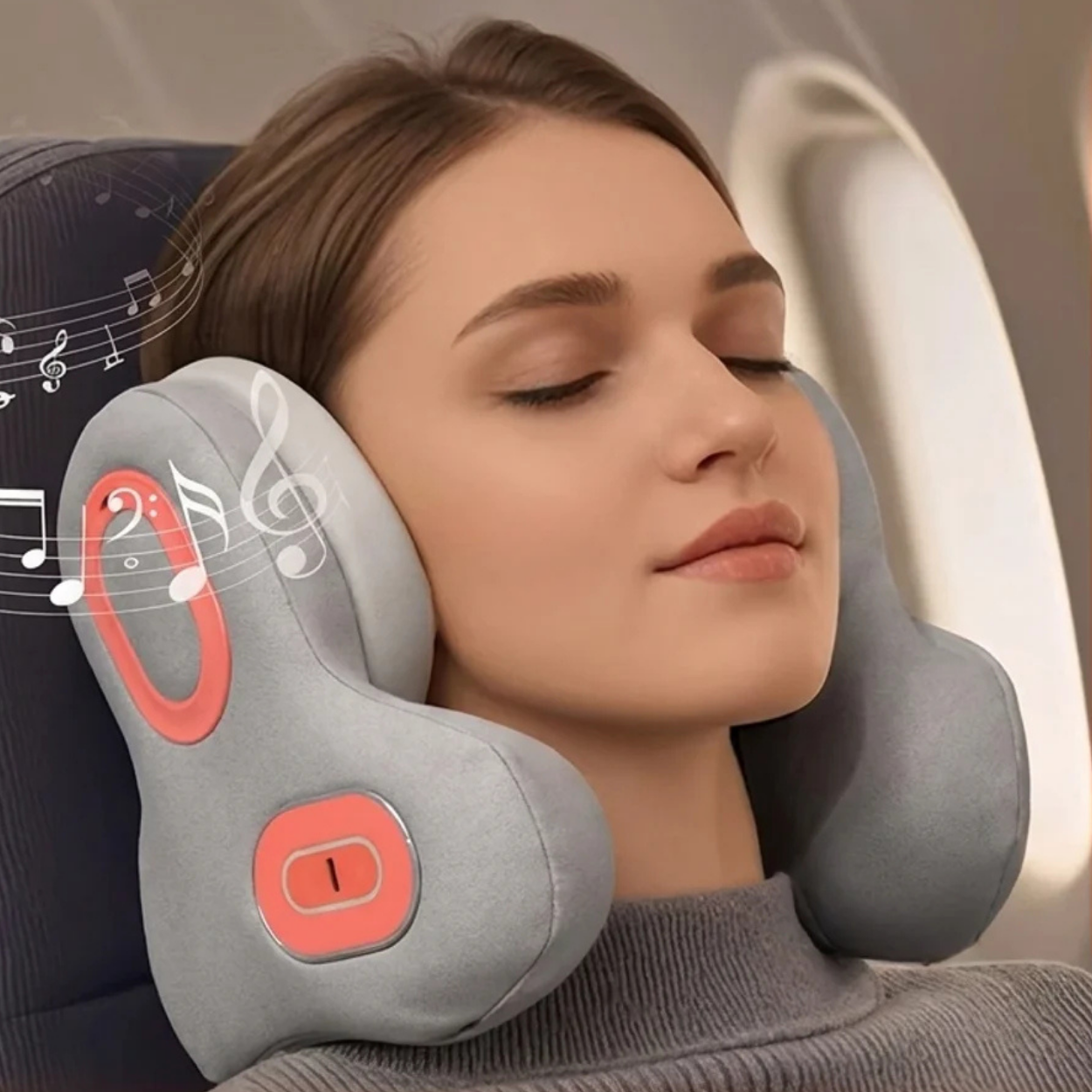 Oreiller de Voyage Cervical 3-en-1 avec Masseur Chauffant et Casque Bluetooth Anti-Bruit