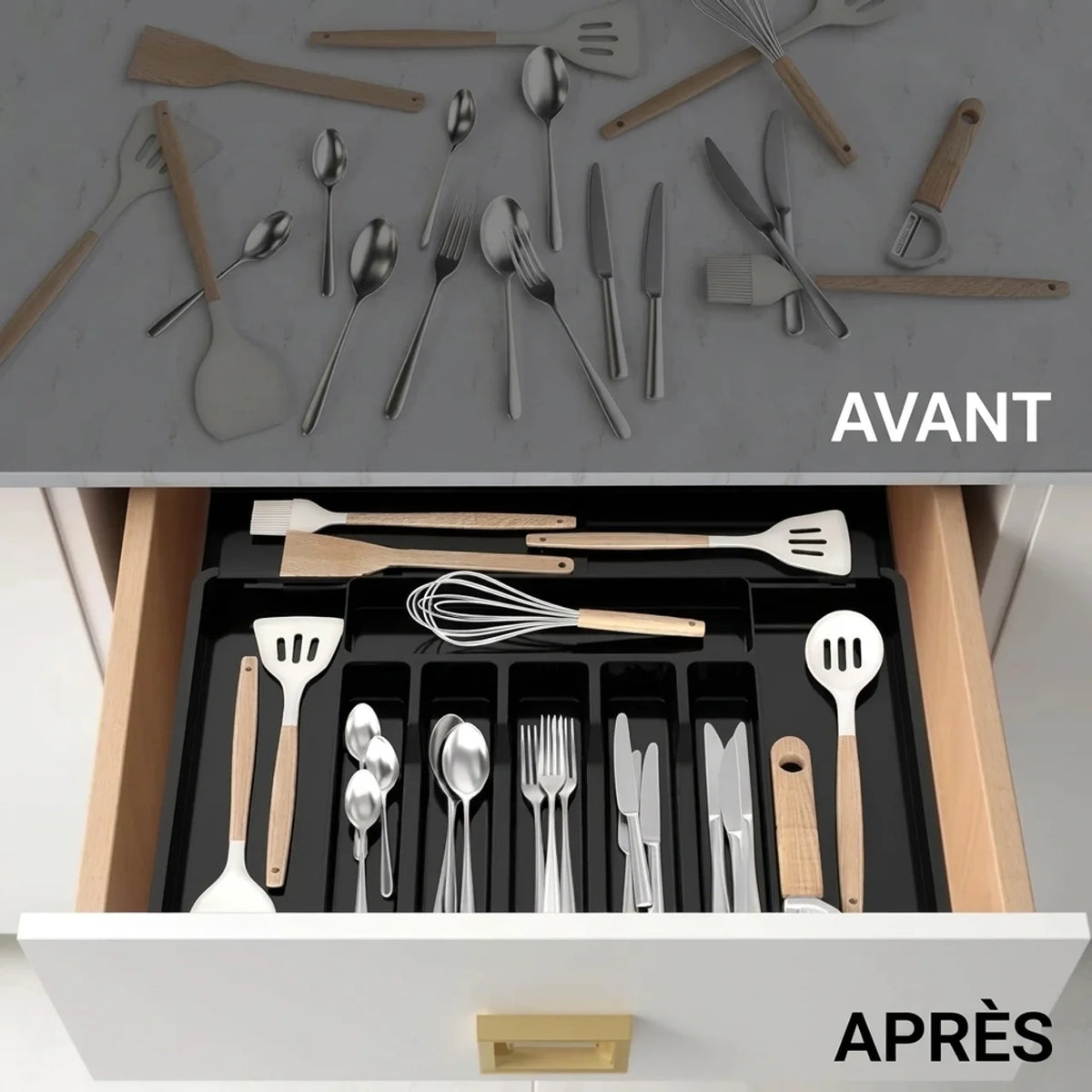 Organisateur de couverts extensible pour tiroir de cuisine Plateau réglable de 6 à 9 compartiments