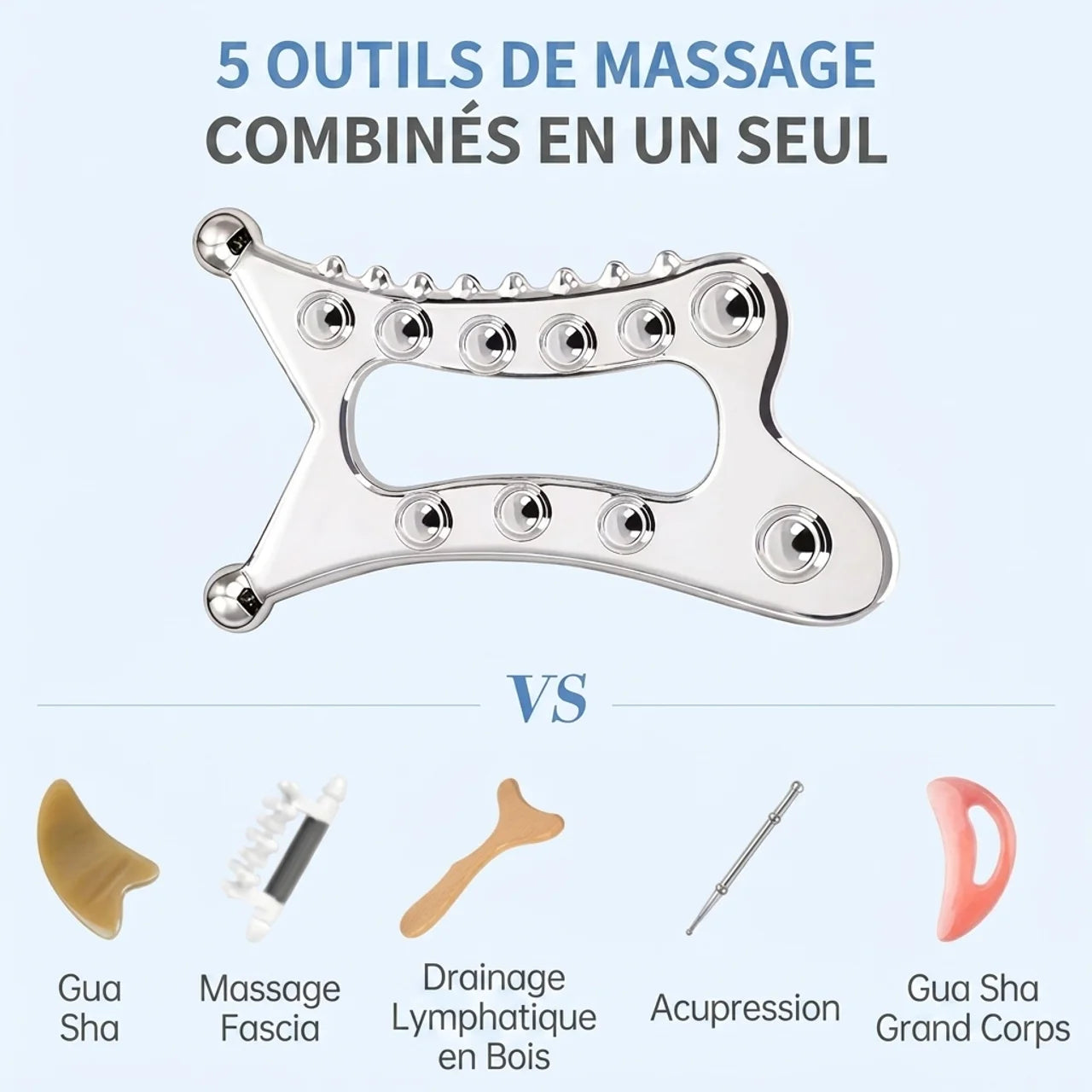 Outil Gua Sha Métallique Corps 5-en-1 Masseur Fascia et Cellulite