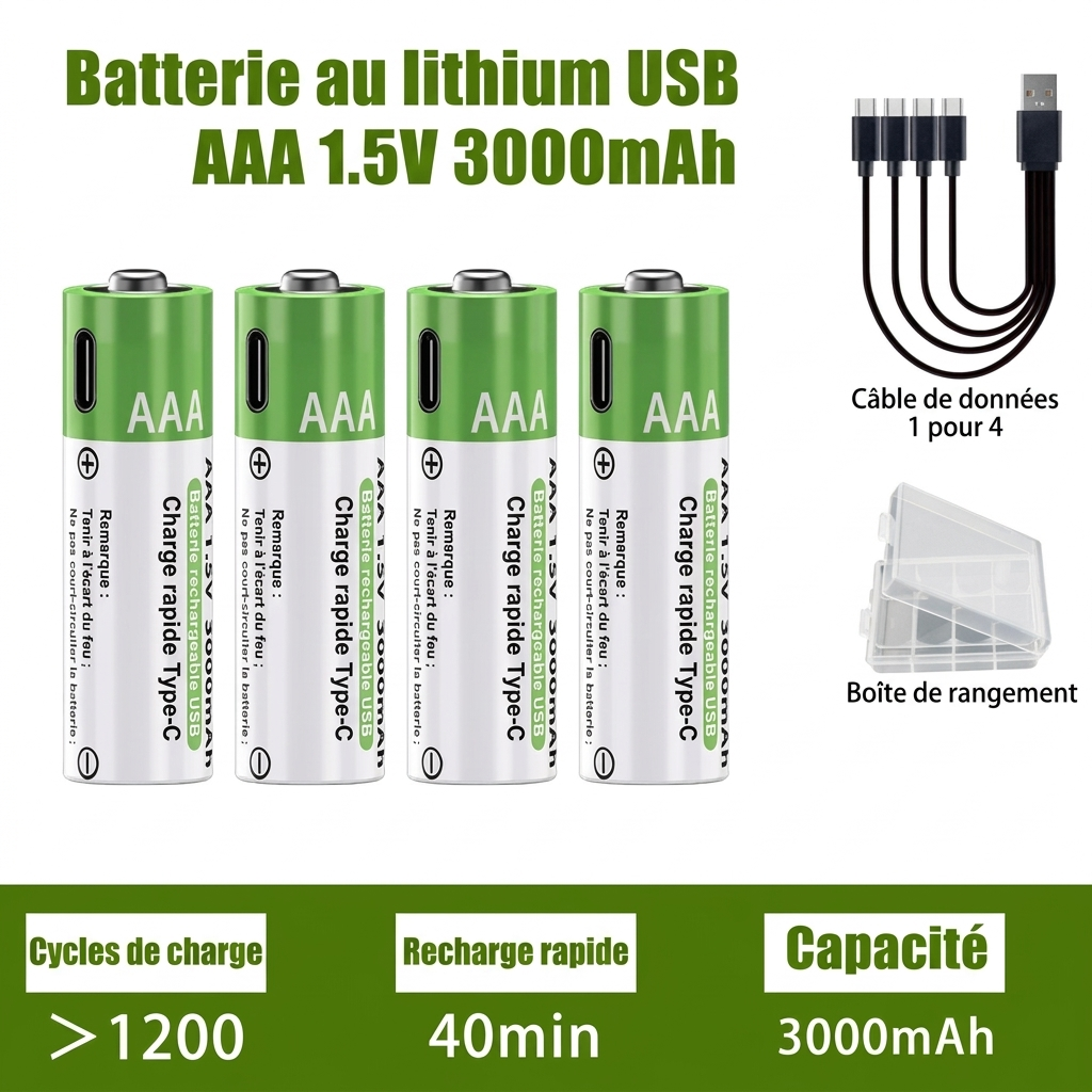 Piles AAA rechargeables au lithium 1,5 V avec recharge rapide USB-C