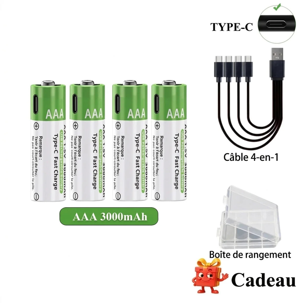 Piles AAA rechargeables au lithium 1,5 V avec recharge rapide USB-C