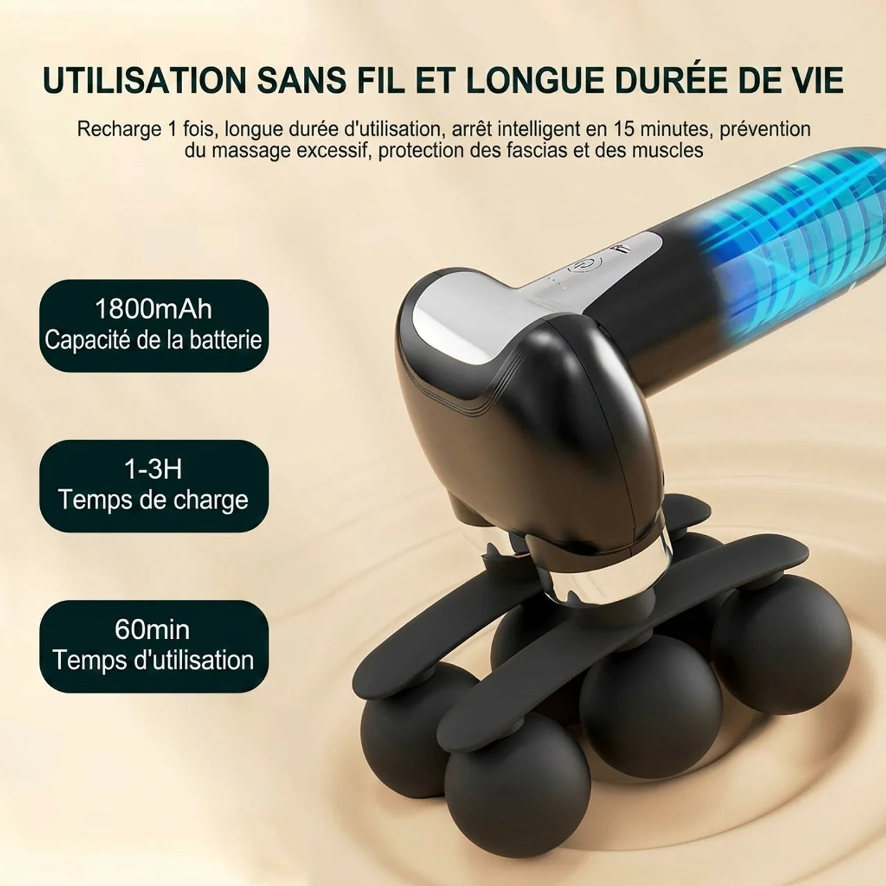 Pistolet de Massage 2 en 1 avec Manche Long pour Dos Nuque et Corps