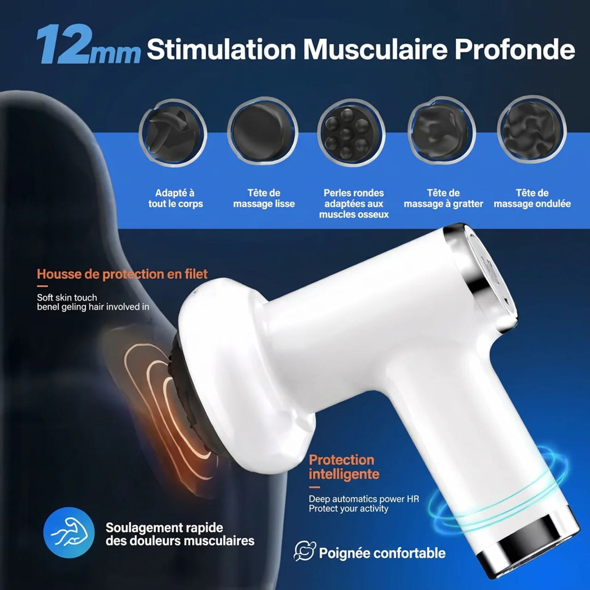 Pistolet de Massage Corporel et Anticellulite Sans Fil 6 Vitesses et 5 Têtes