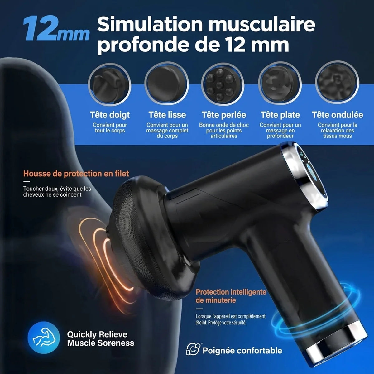 Pistolet de Massage Corporel et Anticellulite Sans Fil 6 Vitesses et 5 Têtes