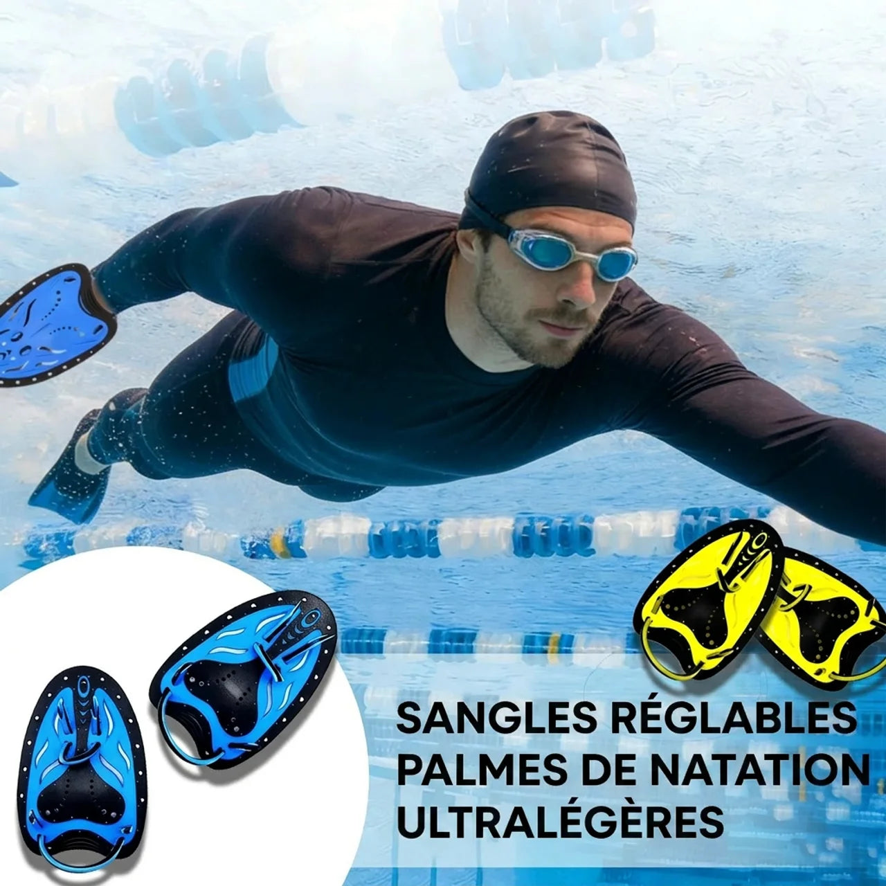 Plaquettes de Natation d’Entraînement Réglables avec Sangles en Silicone