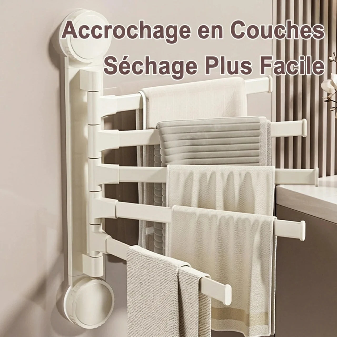 Porte Serviettes Rotatif Aluminium Ventouses Fixation Sans Perçage