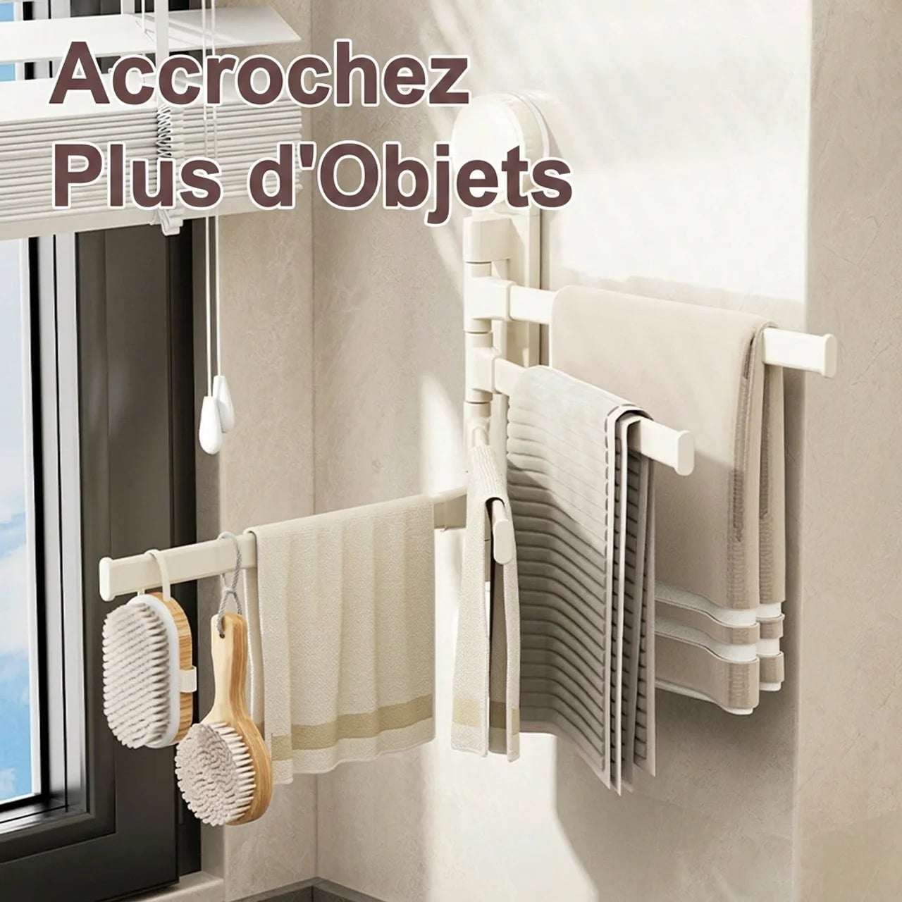 Porte Serviettes Rotatif Aluminium Ventouses Fixation Sans Perçage