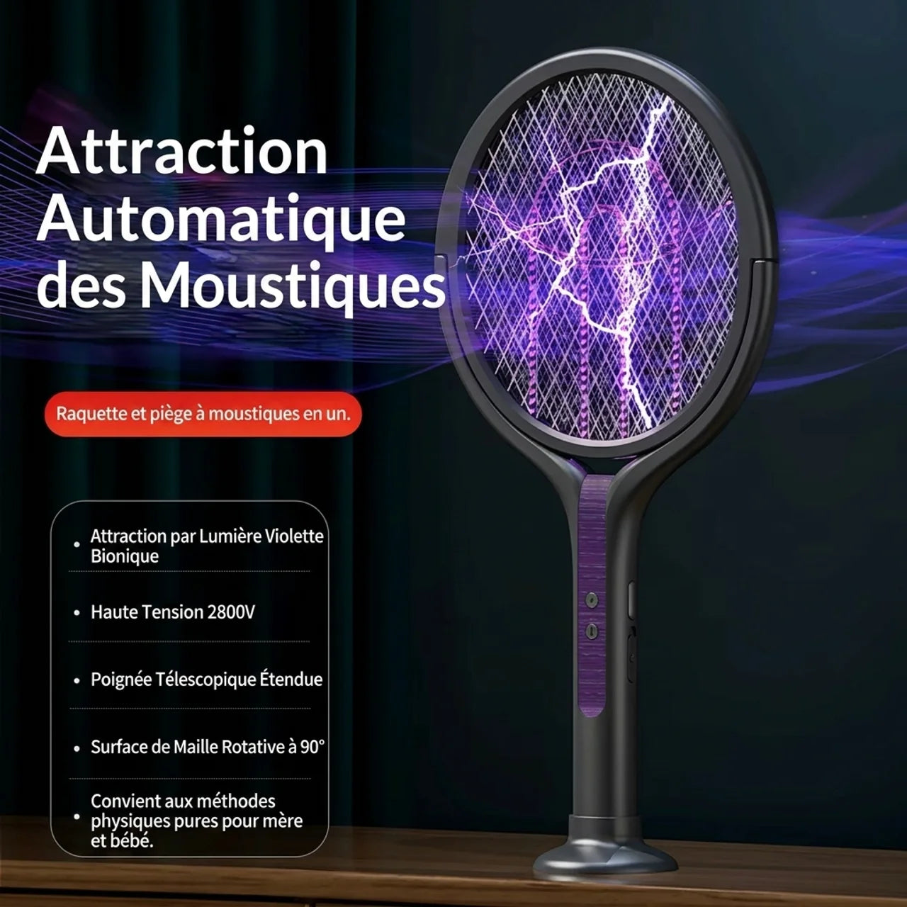 Raquette Électrique Anti Moustiques Télescopique Rechargeable