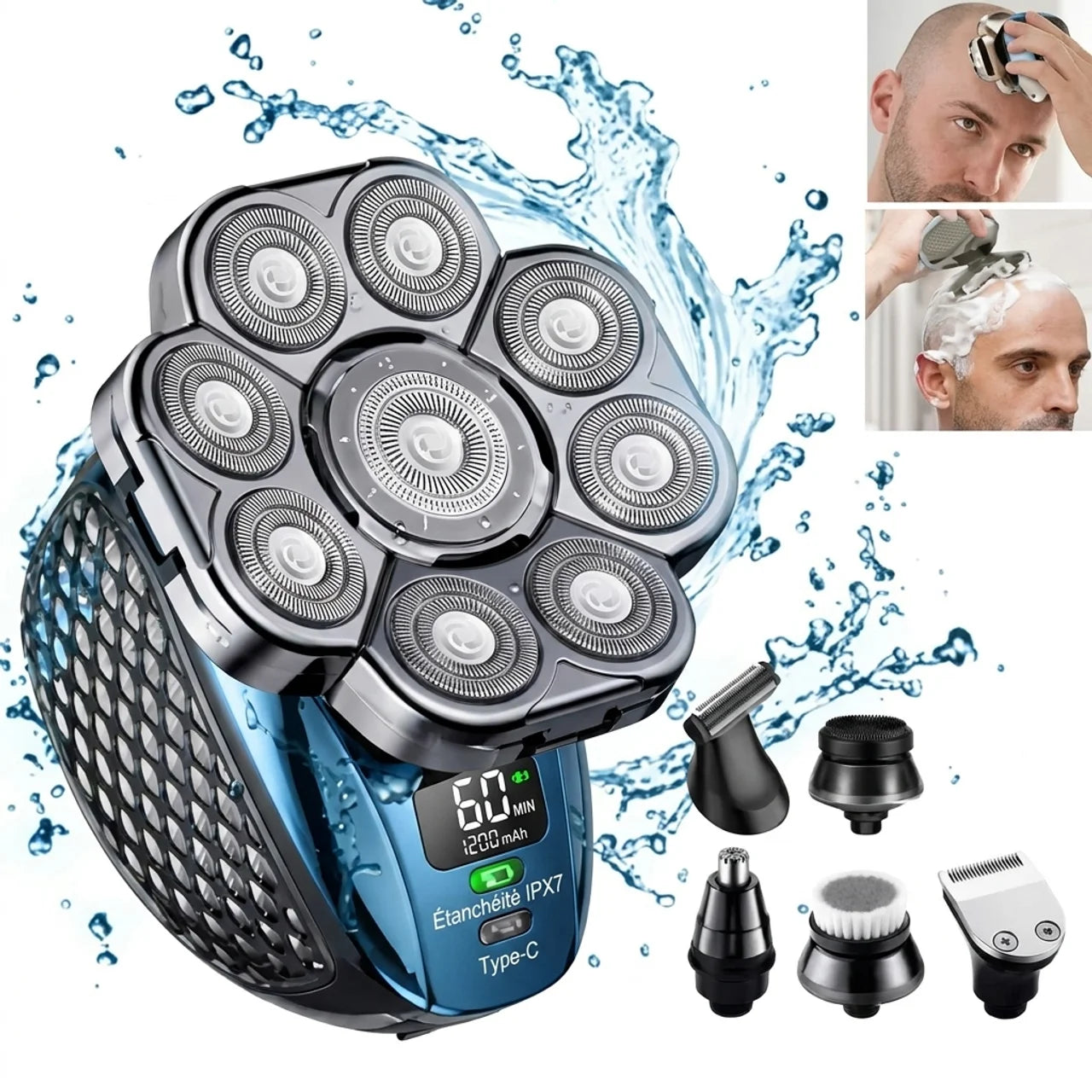 Rasoir Électrique Homme 6-en-1 Tête Chauve 9 Lames