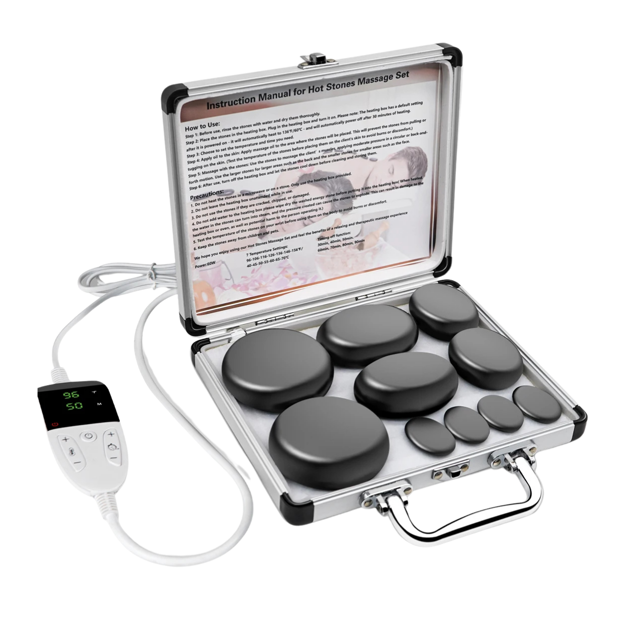 SET DE PIERRES CHAUDES BASALTE AVEC CHAUFFE PIERRE INTÉGRÉ