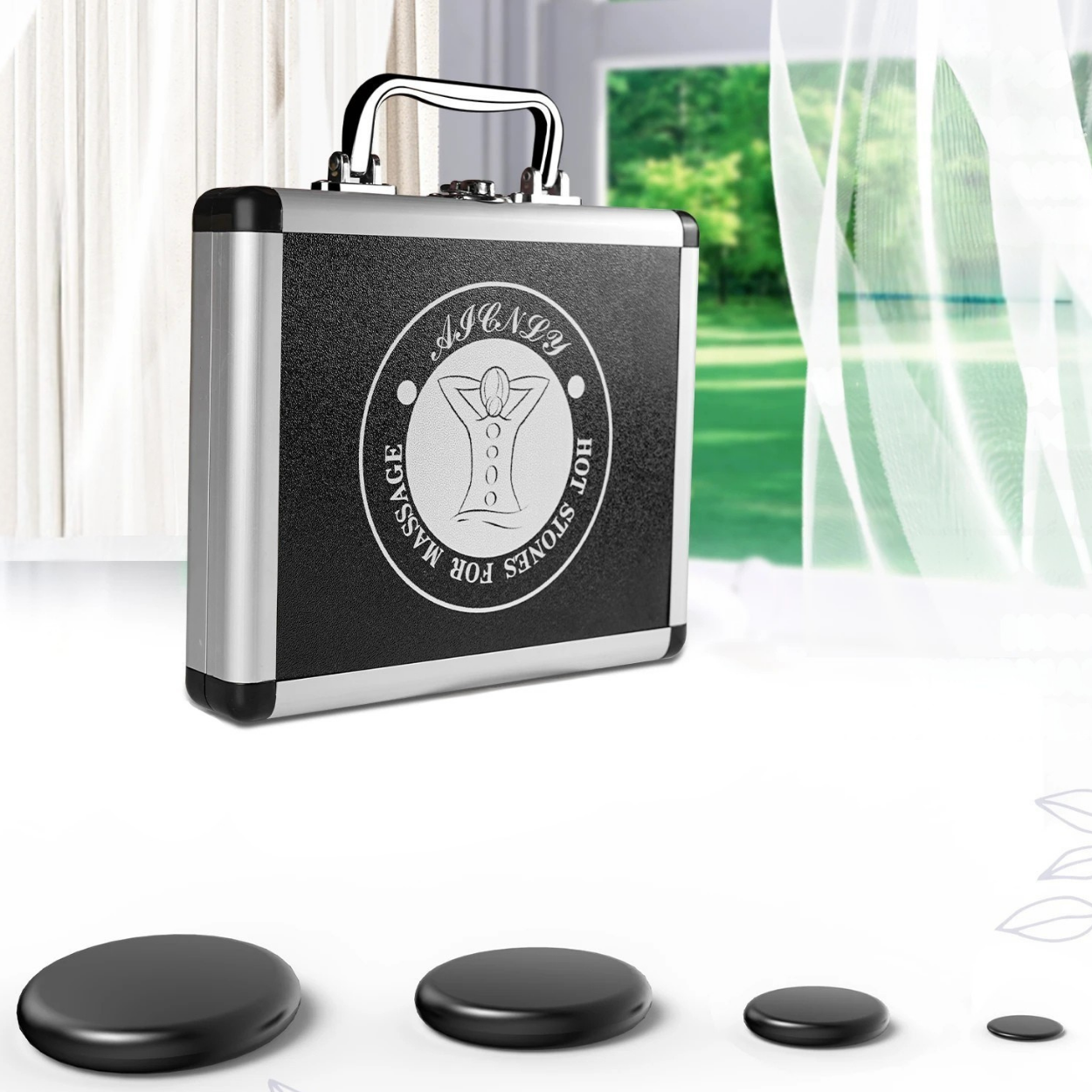 SET DE PIERRES CHAUDES BASALTE AVEC CHAUFFE PIERRE INTÉGRÉ