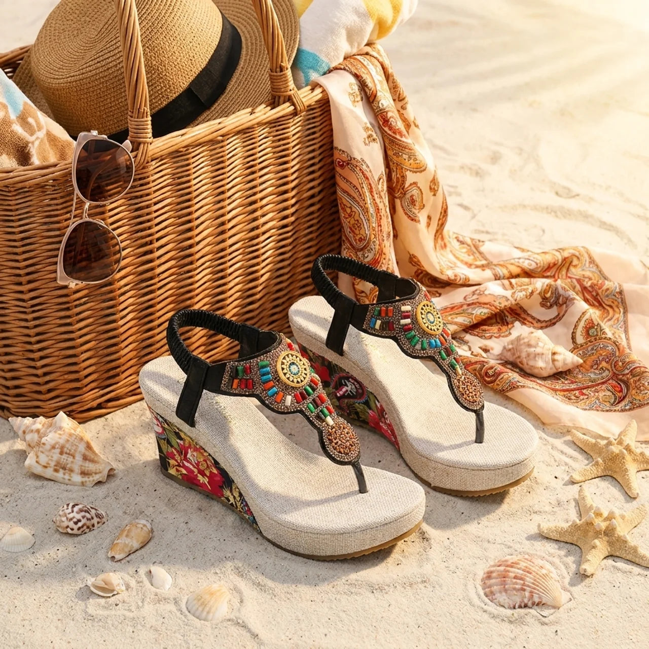 Sandales Compensées Femme Style Bohème avec Perles et Broderies Ethniques