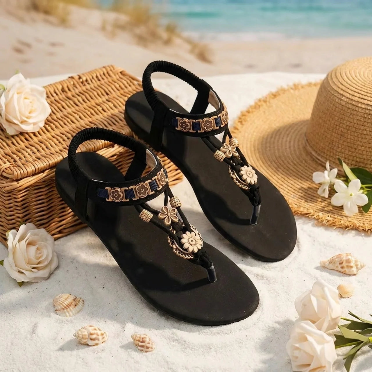 Sandales Plates Bohème à Motifs Fleurs et Perles Style Ethnique