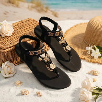 Sandales Plates Bohème à Motifs Fleurs et Perles Style Ethnique