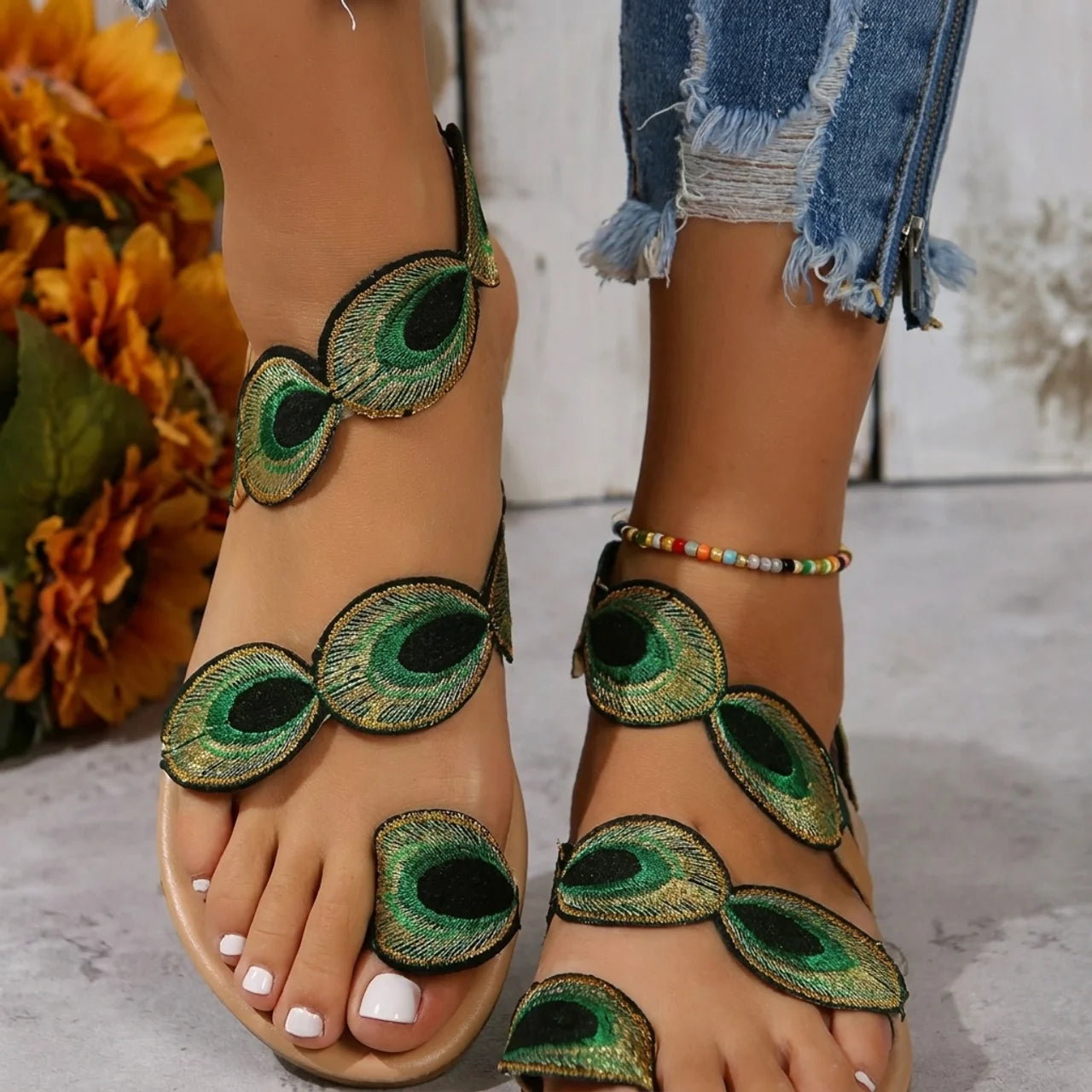 Sandales Plates d’Été Femme Bohème à Feuilles Vertes Chaussures
