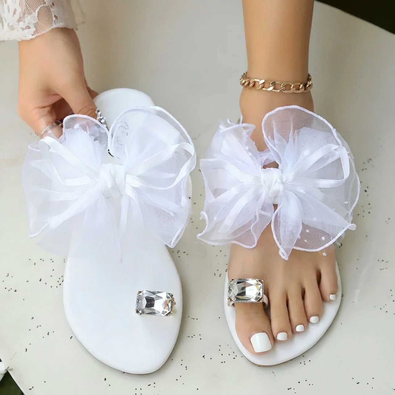 Sandales Plates d'Été à Nœud en Tulle et Strass Claquettes Chic