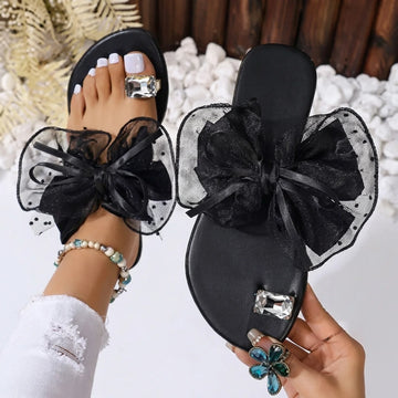 Sandales Plates d'Été à Nœud en Tulle et Strass Claquettes Chic