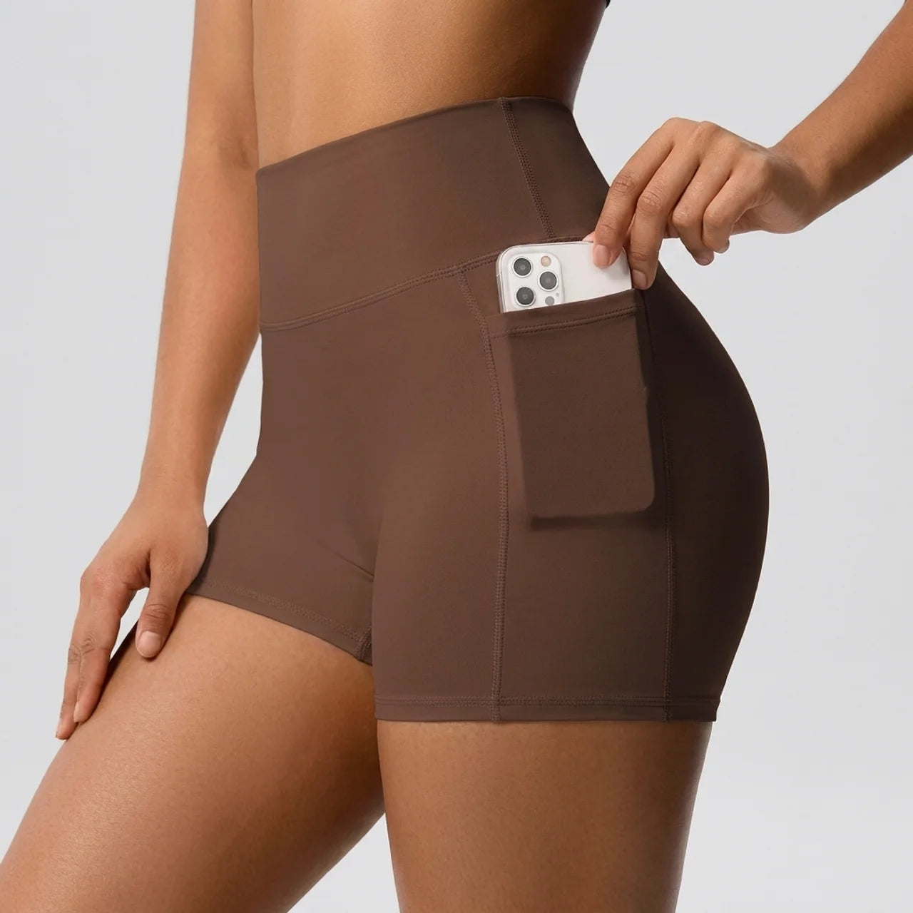 Short de Sport Compression Femme Taille Haute avec Poche
