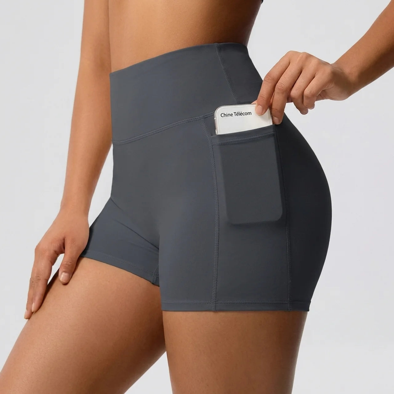 Short de Sport Compression Femme Taille Haute avec Poche