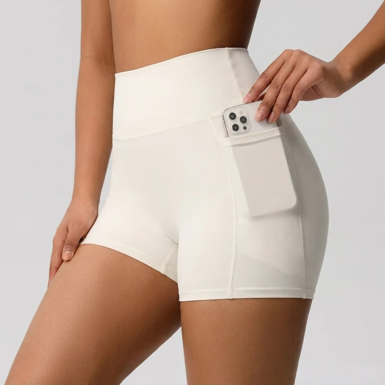 Short de Sport Compression Femme Taille Haute avec Poche