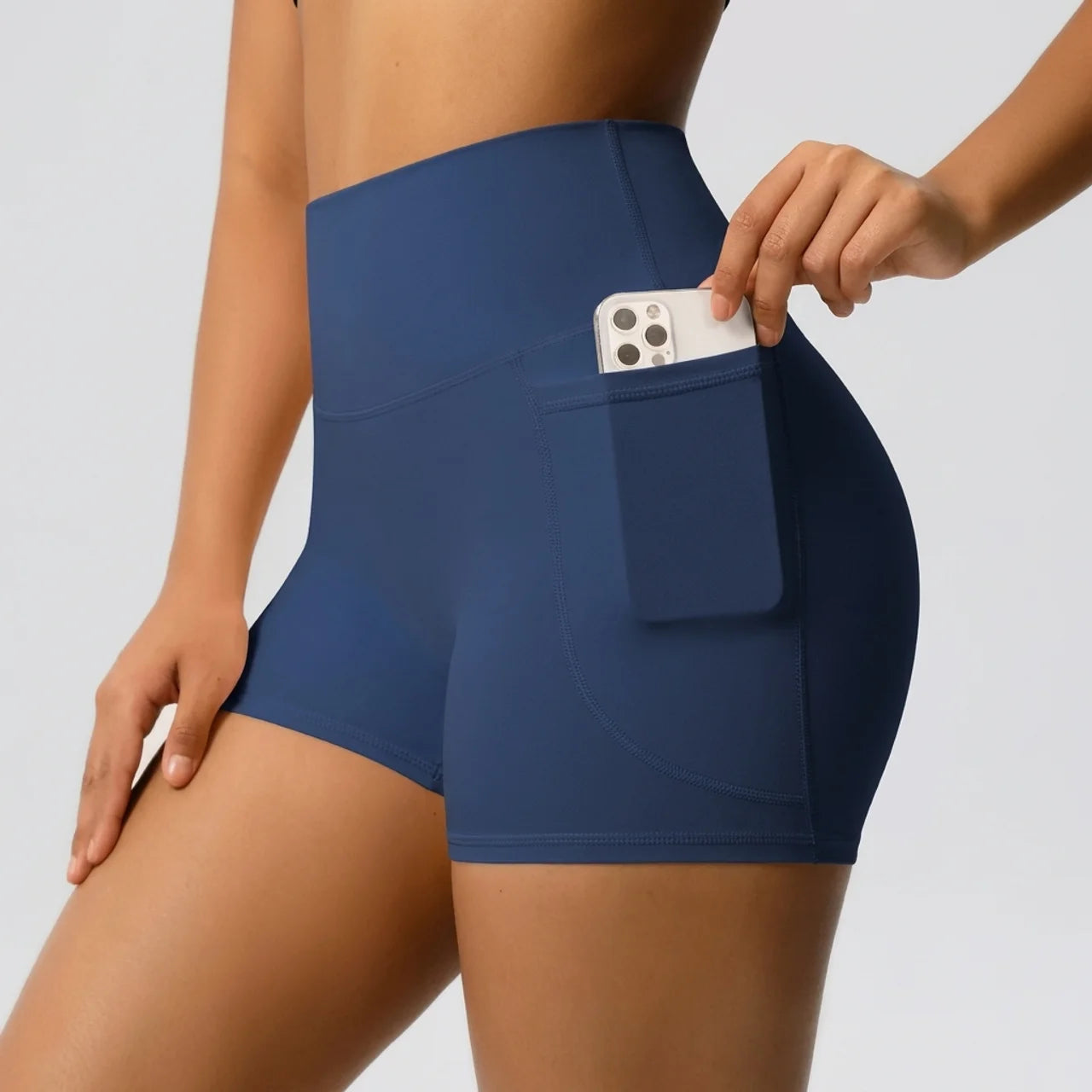 Short de Sport Compression Femme Taille Haute avec Poche