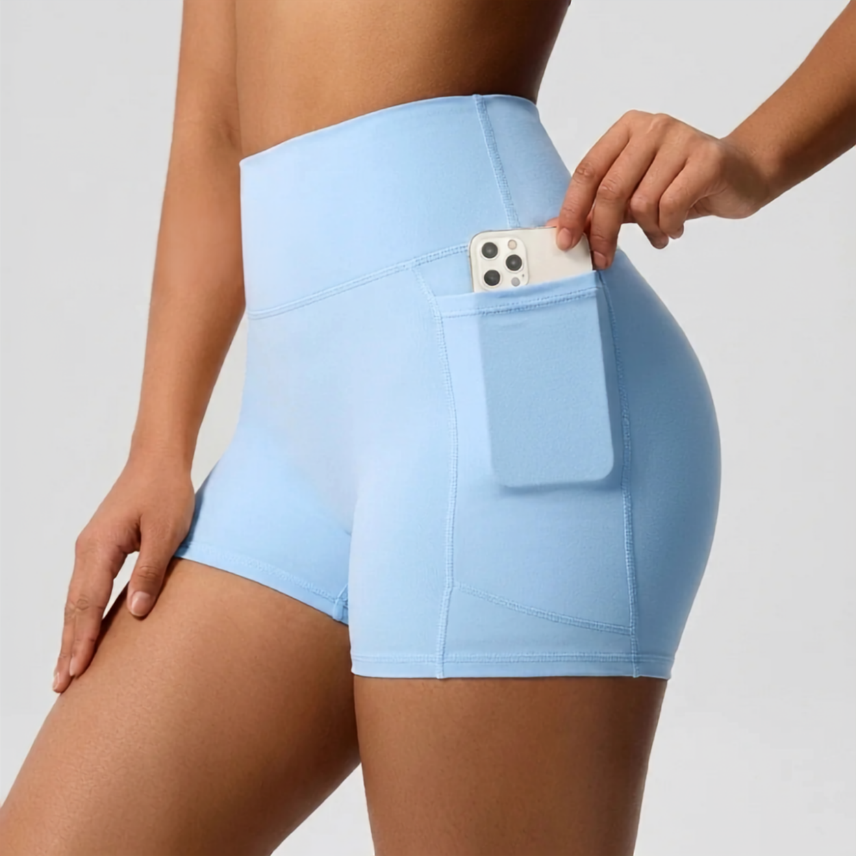 Short de Sport Compression Femme Taille Haute avec Poche