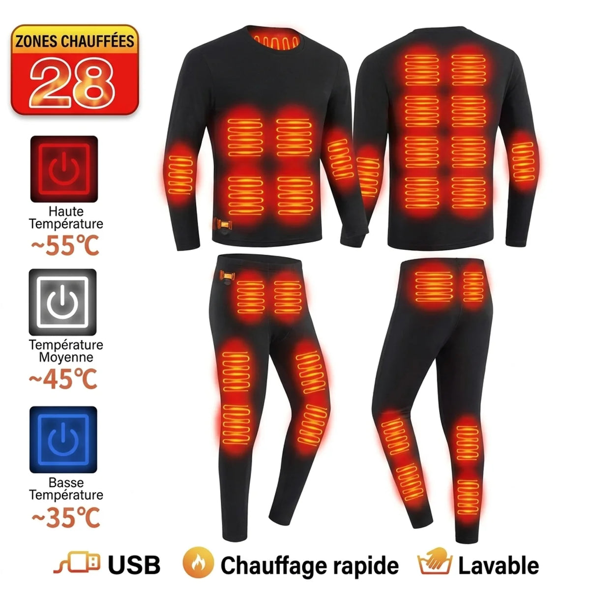 Ensemble Sous-Vêtements Thermiques Chauffants USB 52 Zones de Chauffe