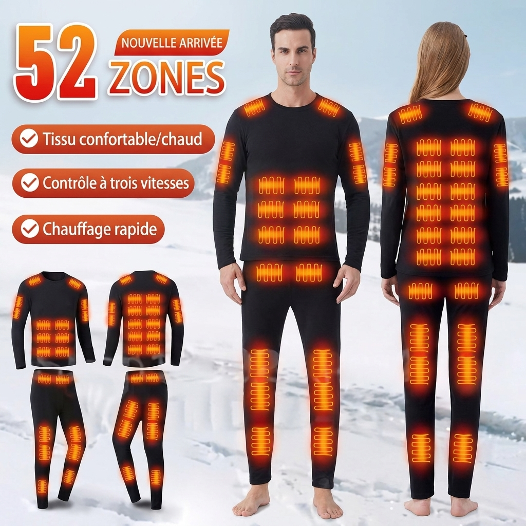Ensemble Sous-Vêtements Thermiques Chauffants USB 52 Zones de Chauffe
