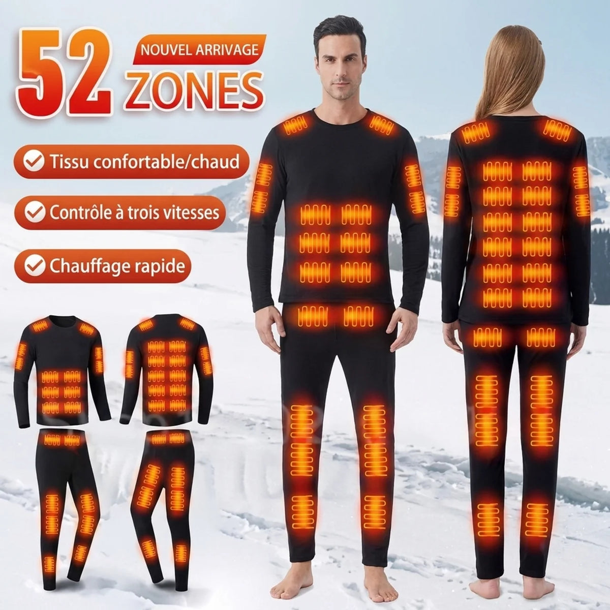 Ensemble Sous-Vêtements Thermiques Chauffants USB 52 Zones de Chauffe