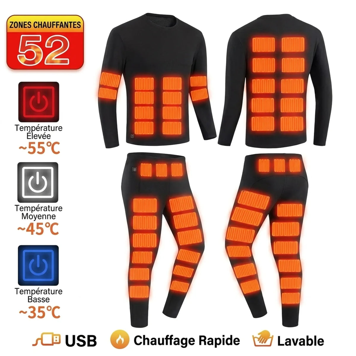 Ensemble Sous-Vêtements Thermiques Chauffants USB 52 Zones de Chauffe