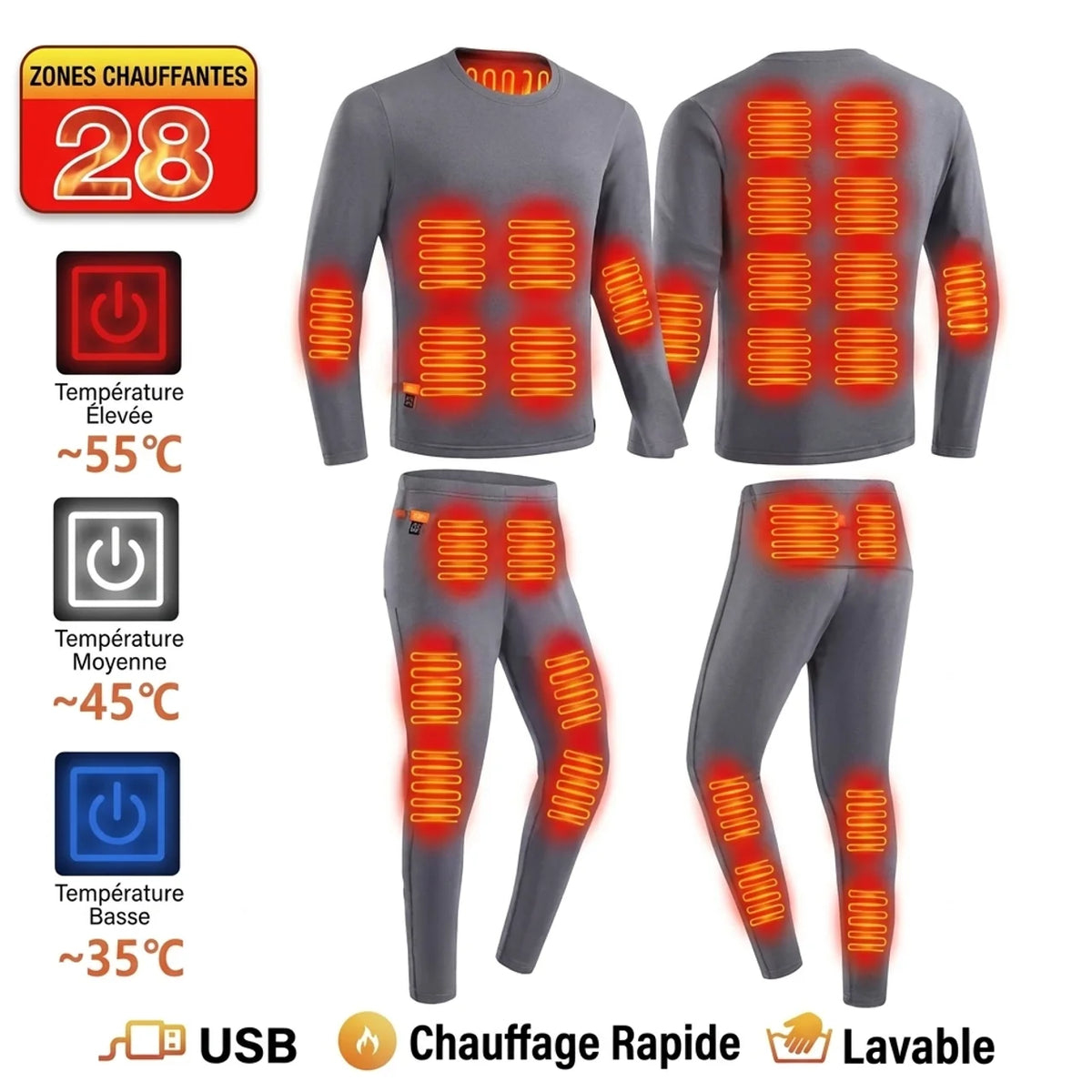 Ensemble Sous-Vêtements Thermiques Chauffants USB 52 Zones de Chauffe