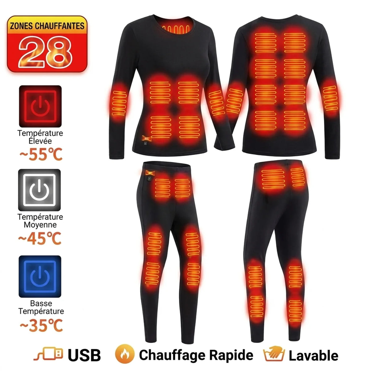 Ensemble Sous-Vêtements Thermiques Chauffants USB 52 Zones de Chauffe