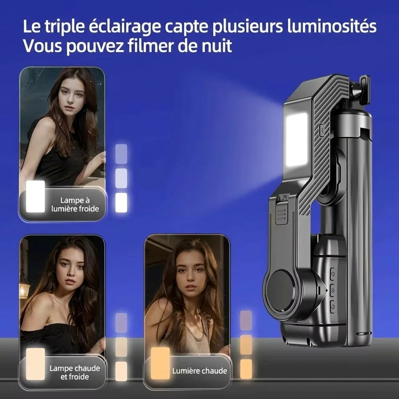 Stabilisateur Smartphone Perche Selfie Stick et Trépié Extensible Lumière LED