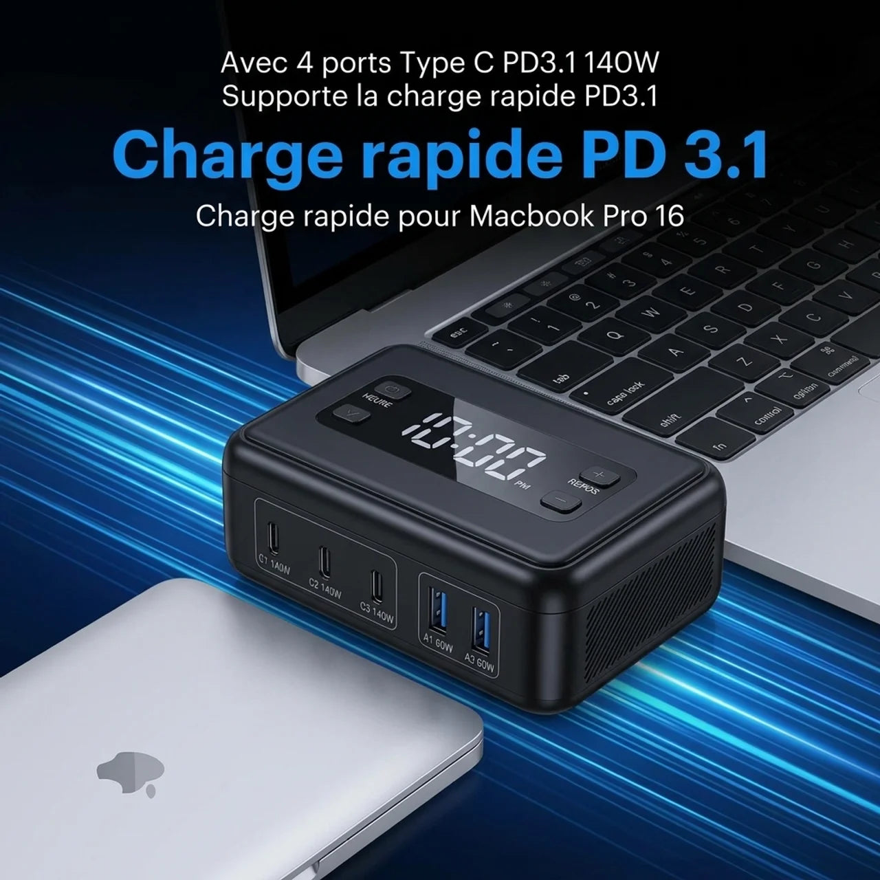 Station de Charge GaN 240W 10-en-1 Horloge & Recharge Sans Fil