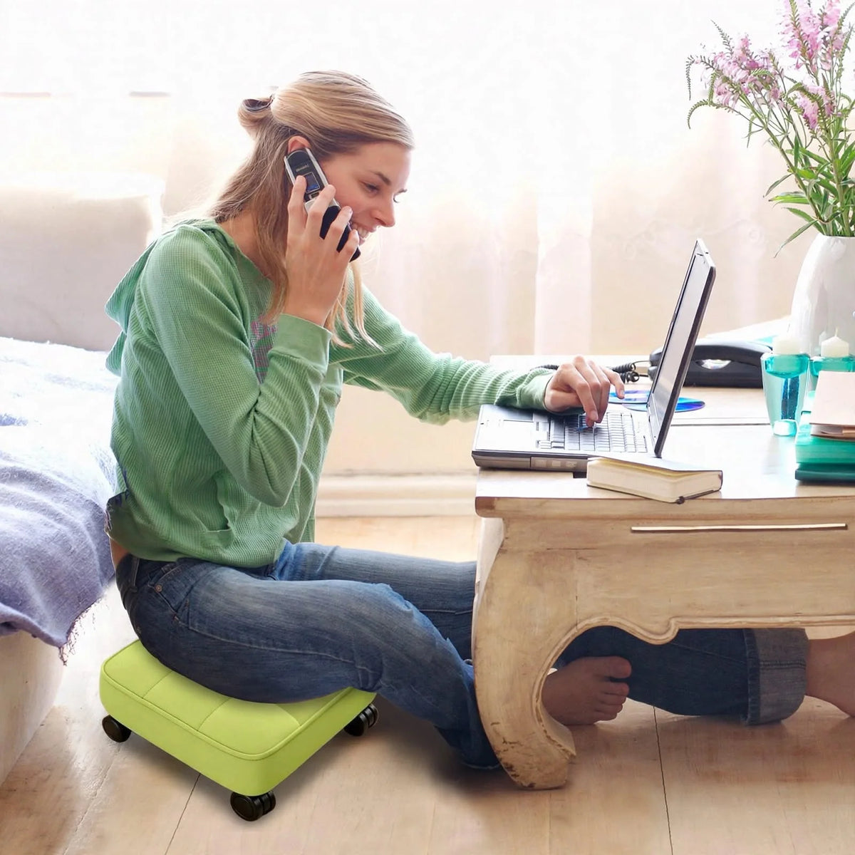 Tabouret Bas sur Roulettes Compact Siège Mobile Multiusage pour Couture Beauté et Maison