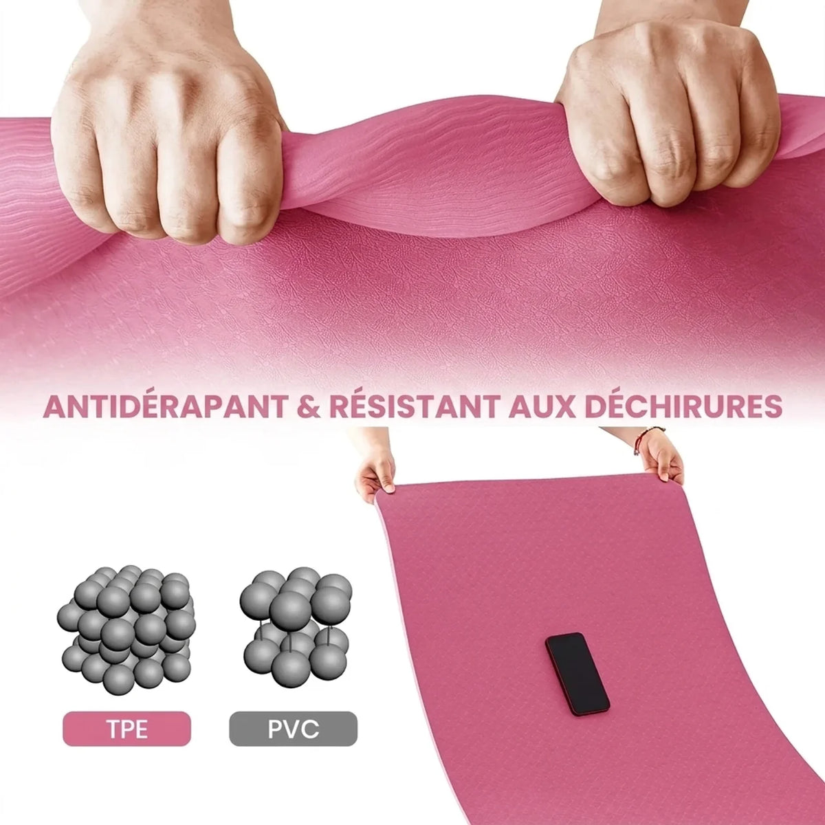 Tapis de yoga et Pilates antidérapant 6 mm avec sangle de transport