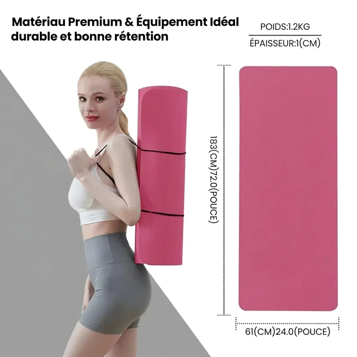 Tapis de yoga et Pilates antidérapant 6 mm avec sangle de transport