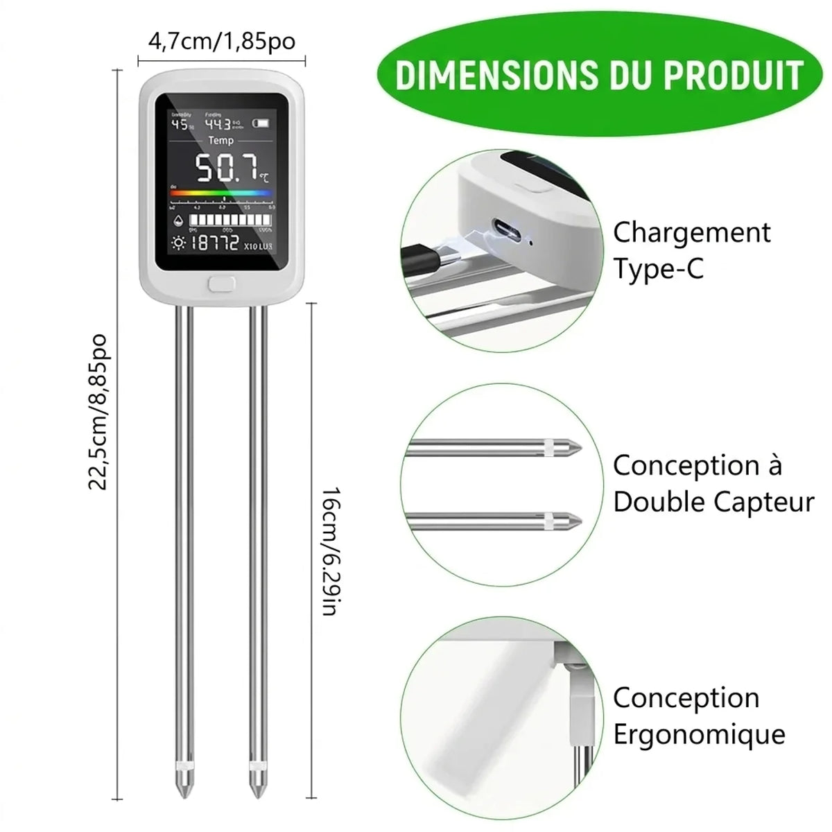 Testeur de sol numérique 6-en-1 – pH humidité fertilité température et luminosité
