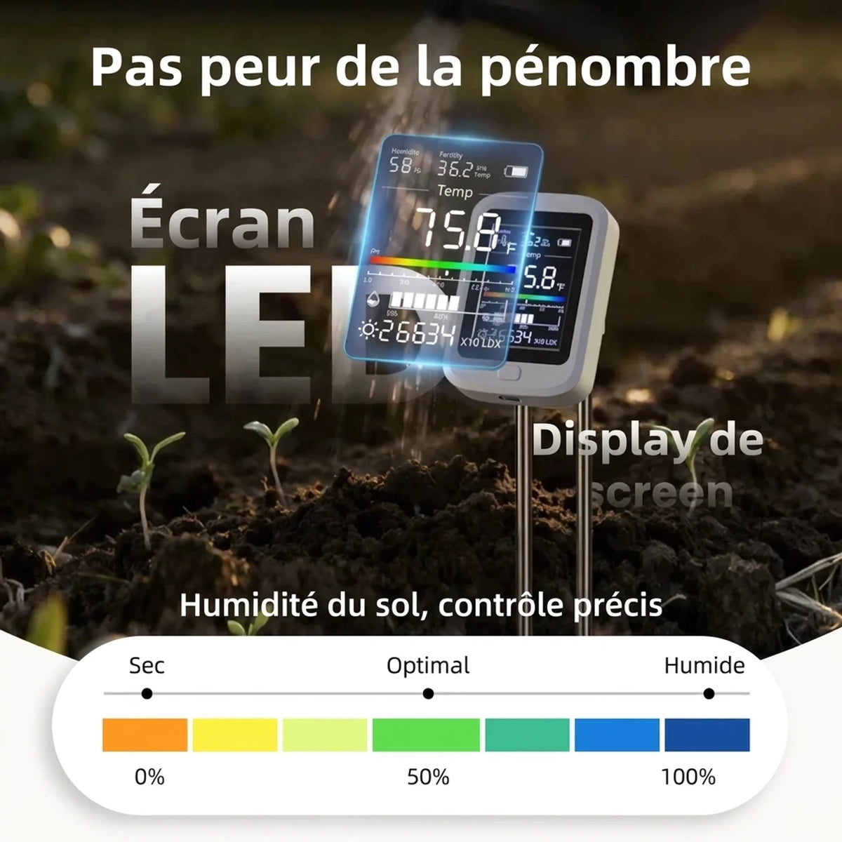 Testeur de sol numérique 6-en-1 – pH humidité fertilité température et luminosité