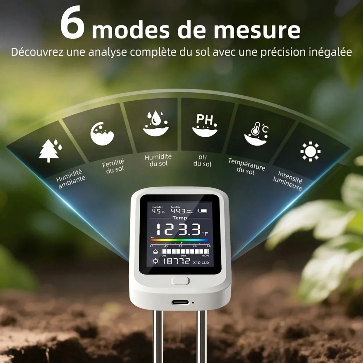 Testeur de sol numérique 6-en-1 – pH humidité fertilité température et luminosité