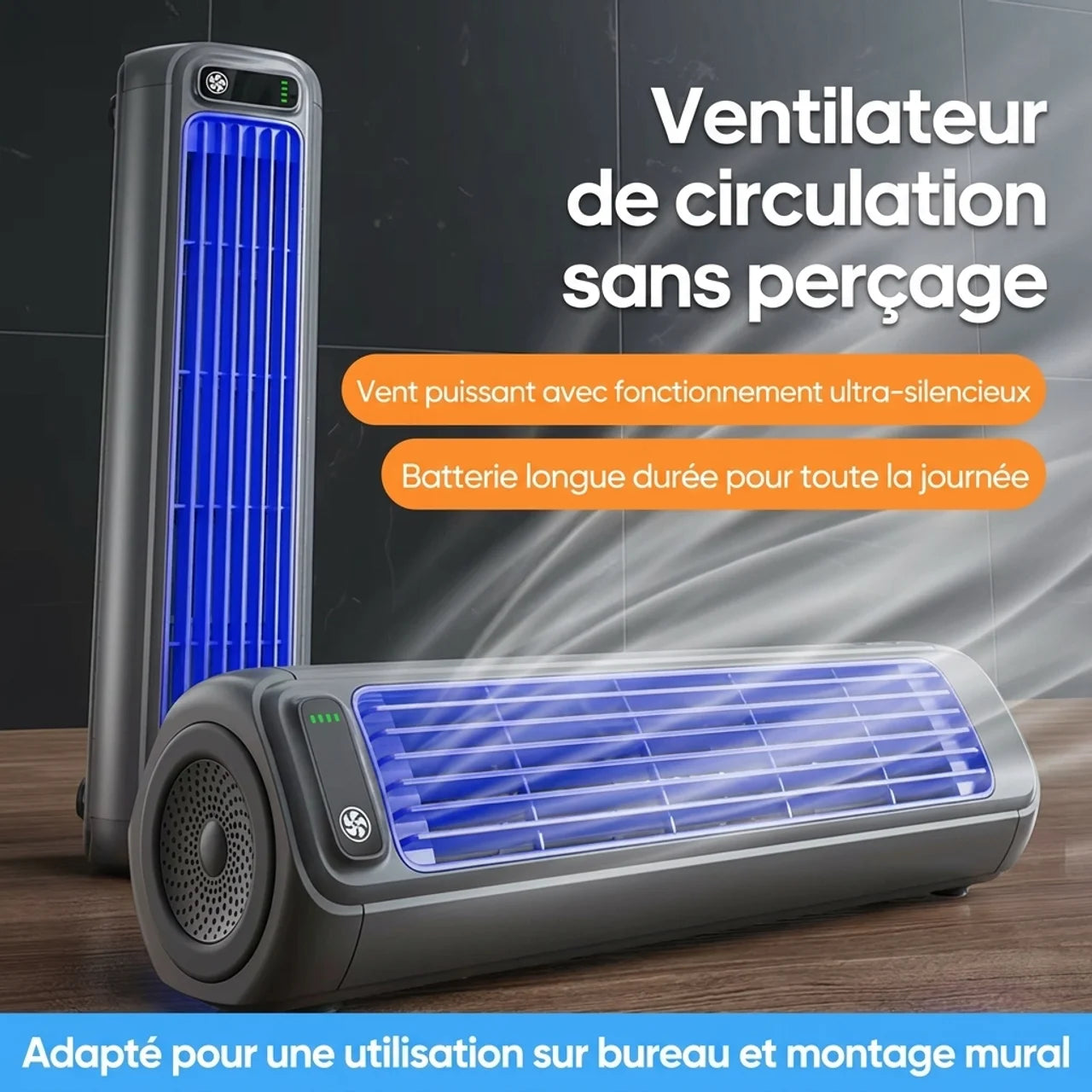 Ventilateur Circulateur d'Air Mural sans Perçage de Bureau Silencieux Rechargeable