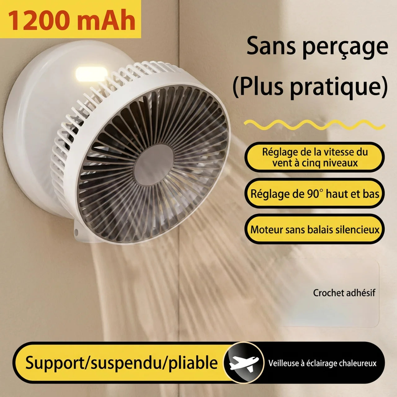 Ventilateur Pliable Mural Sans Perçage de Bureau avec Veilleuse & Aromathérapie