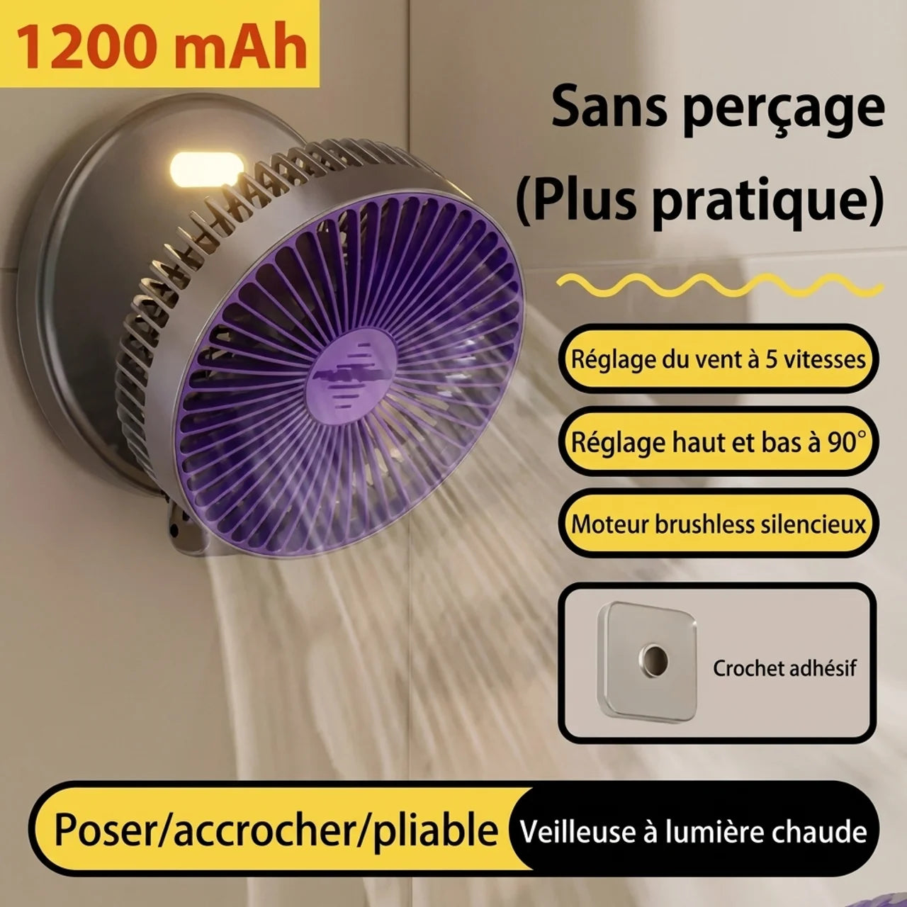 Ventilateur Pliable Mural Sans Perçage de Bureau avec Veilleuse & Aromathérapie